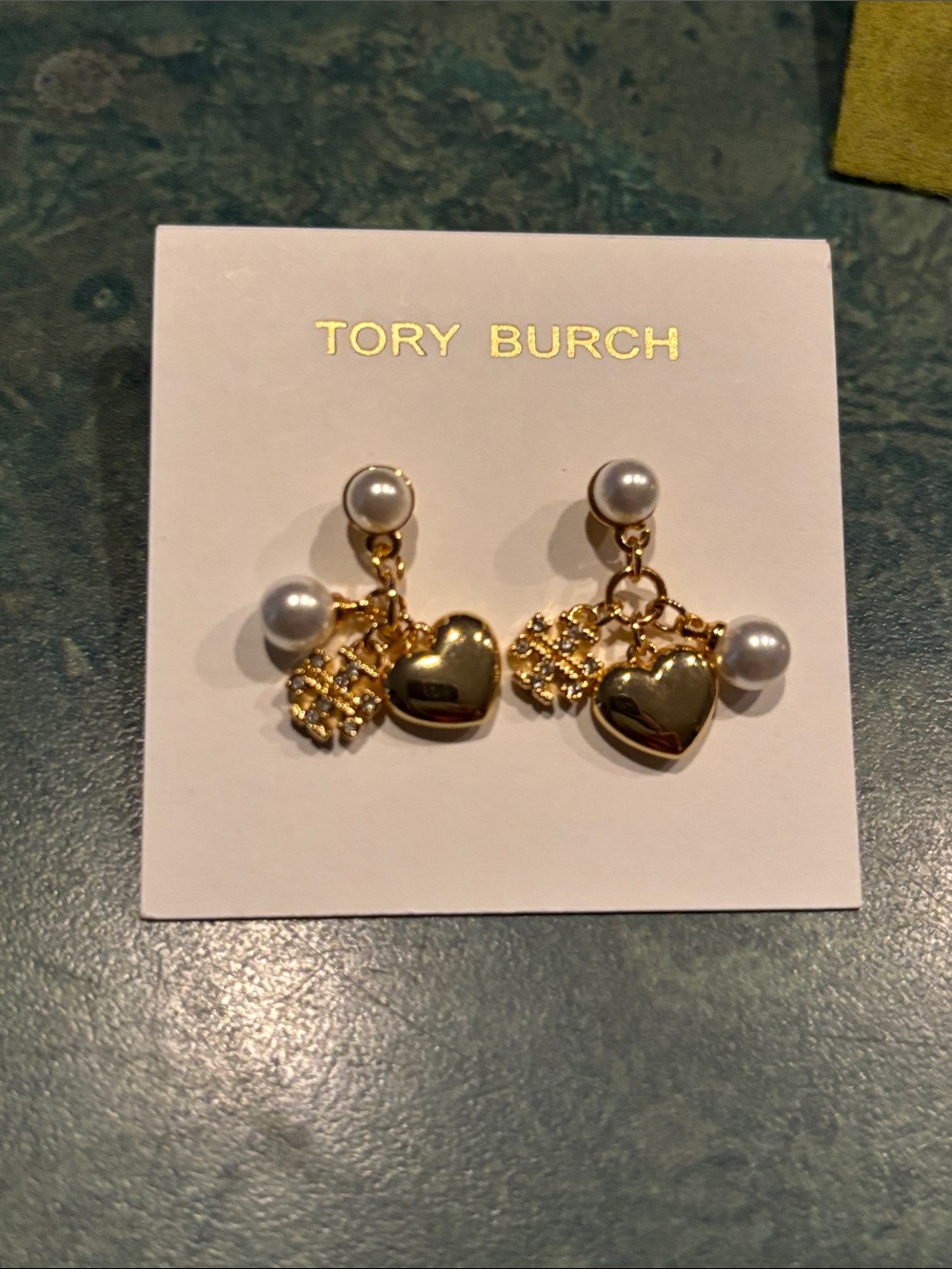 Brand new Tory Burch Gold Heart & Pearl Charm Drop Earrings